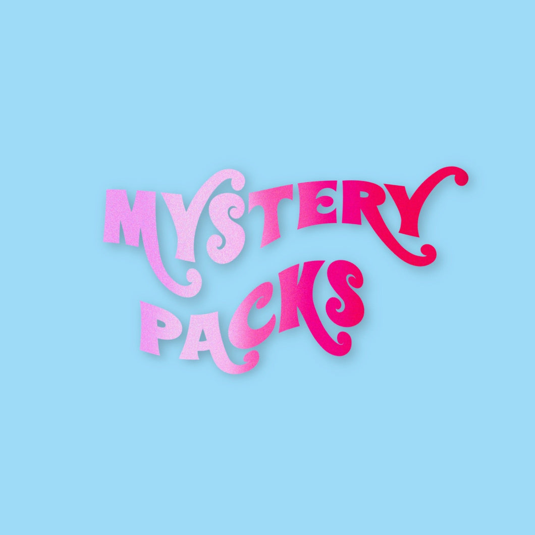'mystery pack' text in ombre pink on a blue background